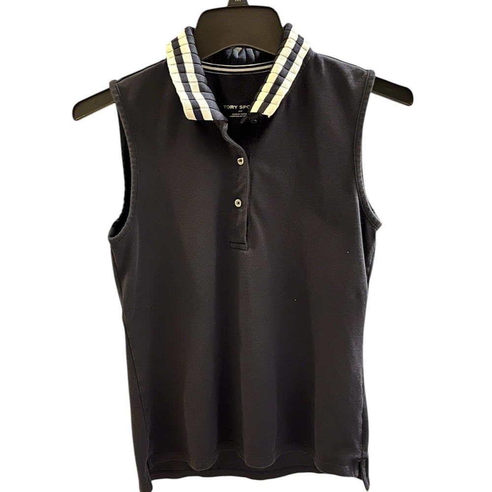 𝐓𝐎𝐑𝐘 𝐒𝐏𝐎𝐑𝐓 Performance Pleated Collar Navy/White Sleeveless Polo Small - Picture 3 of 6